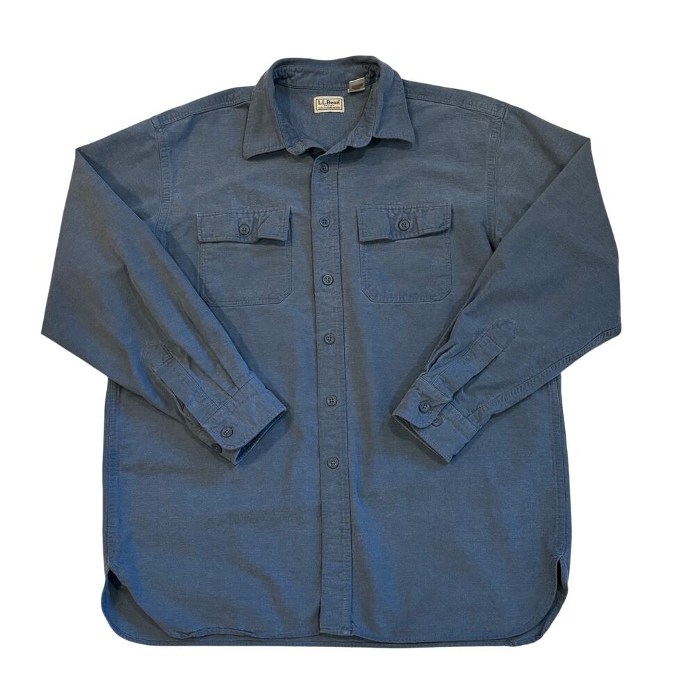 LL Bean Flannel Shirt Mens Large Blue Chamois Button Up Long Sleeve Heavyweight